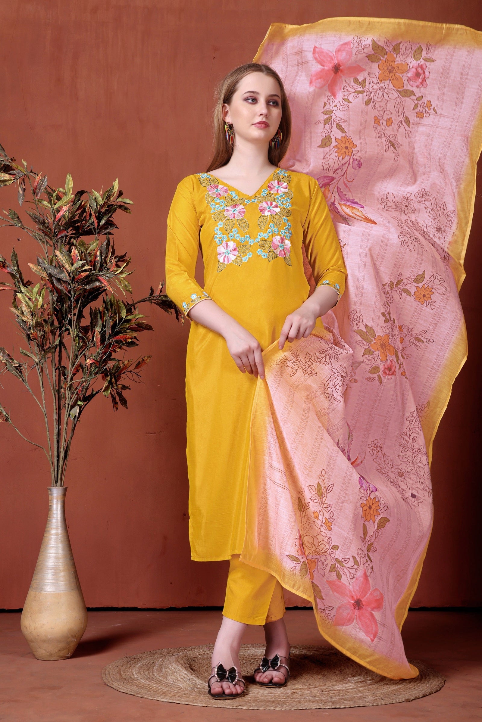 Yellow Embroidered Rayon Suit Set