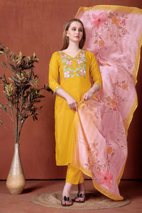 Yellow Embroidered Rayon Suit Set