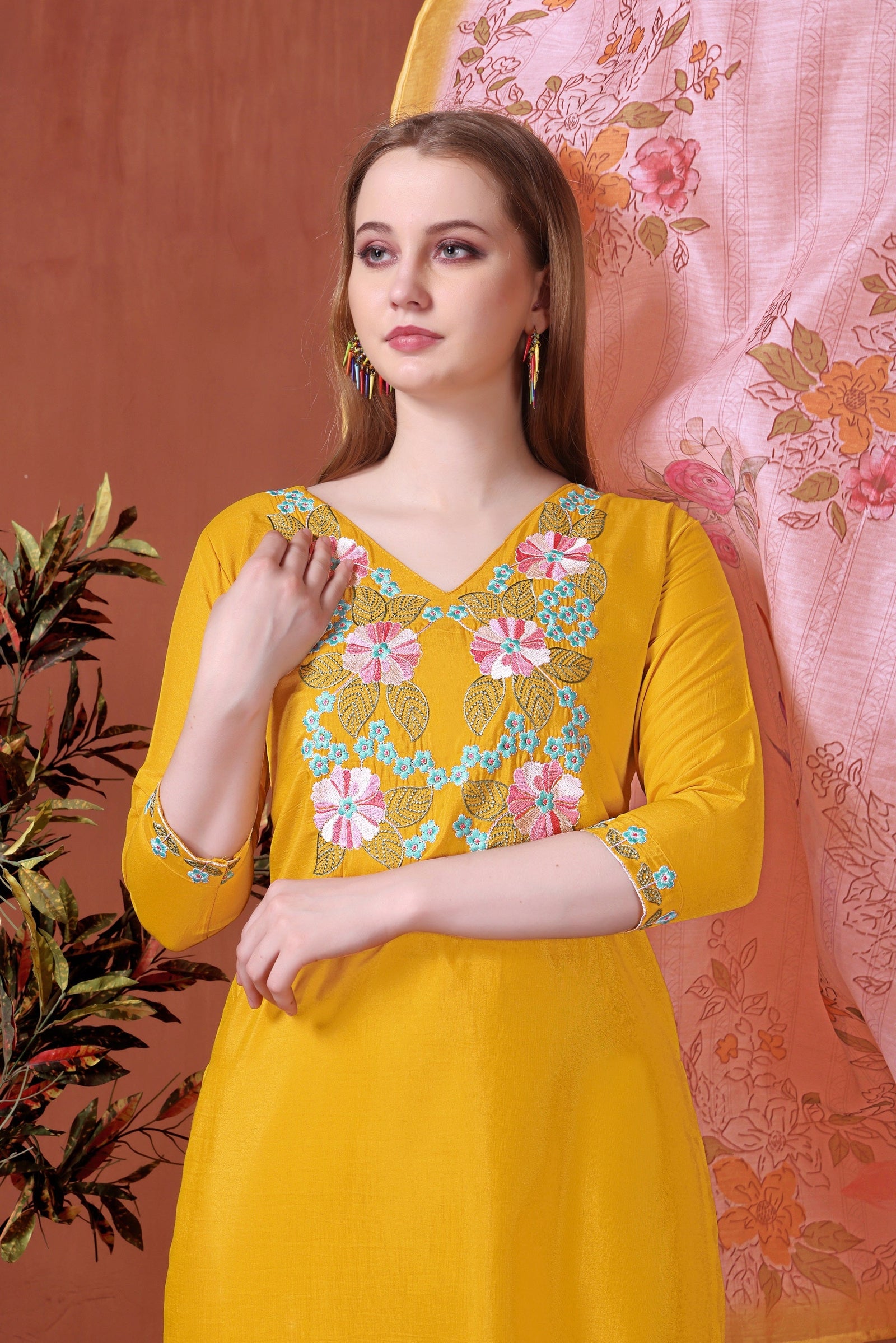 Yellow Embroidered Rayon Suit Set