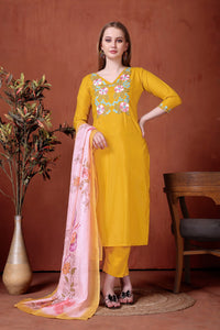 Yellow Embroidered Rayon Suit Set
