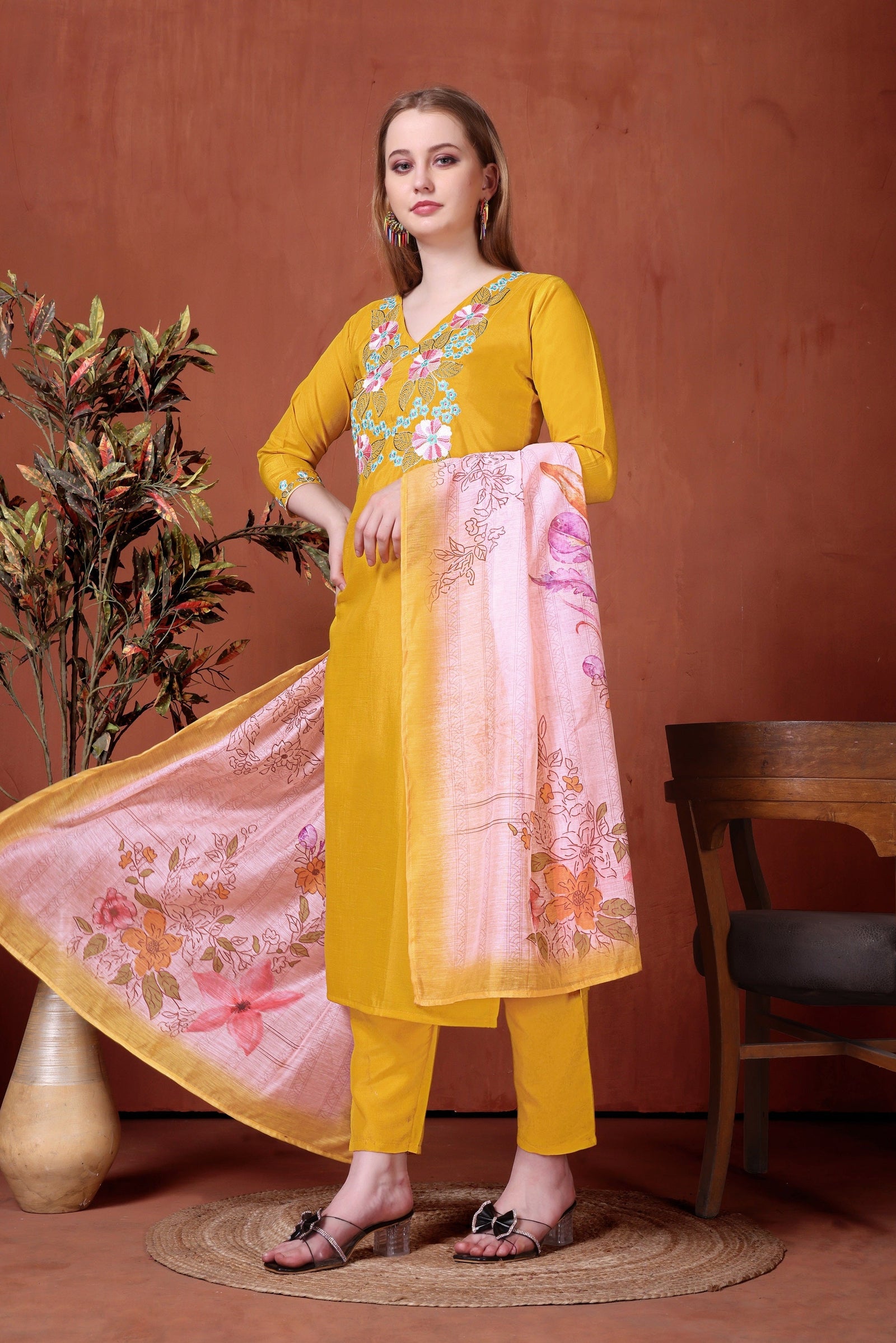 Yellow Embroidered Rayon Suit Set