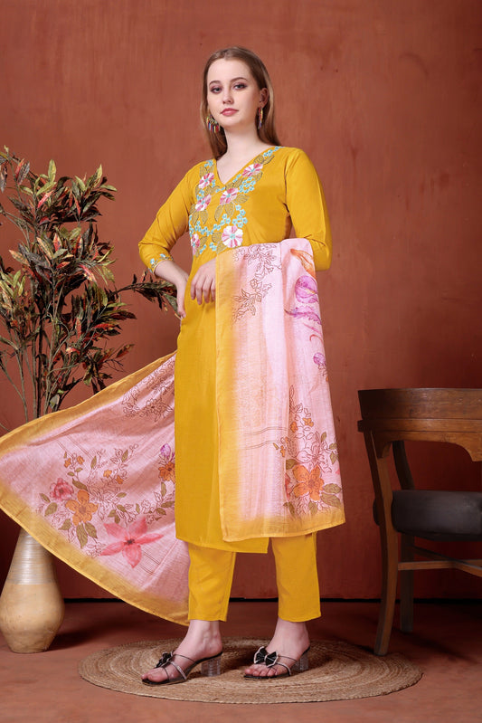 Yellow Embroidered Rayon Suit Set