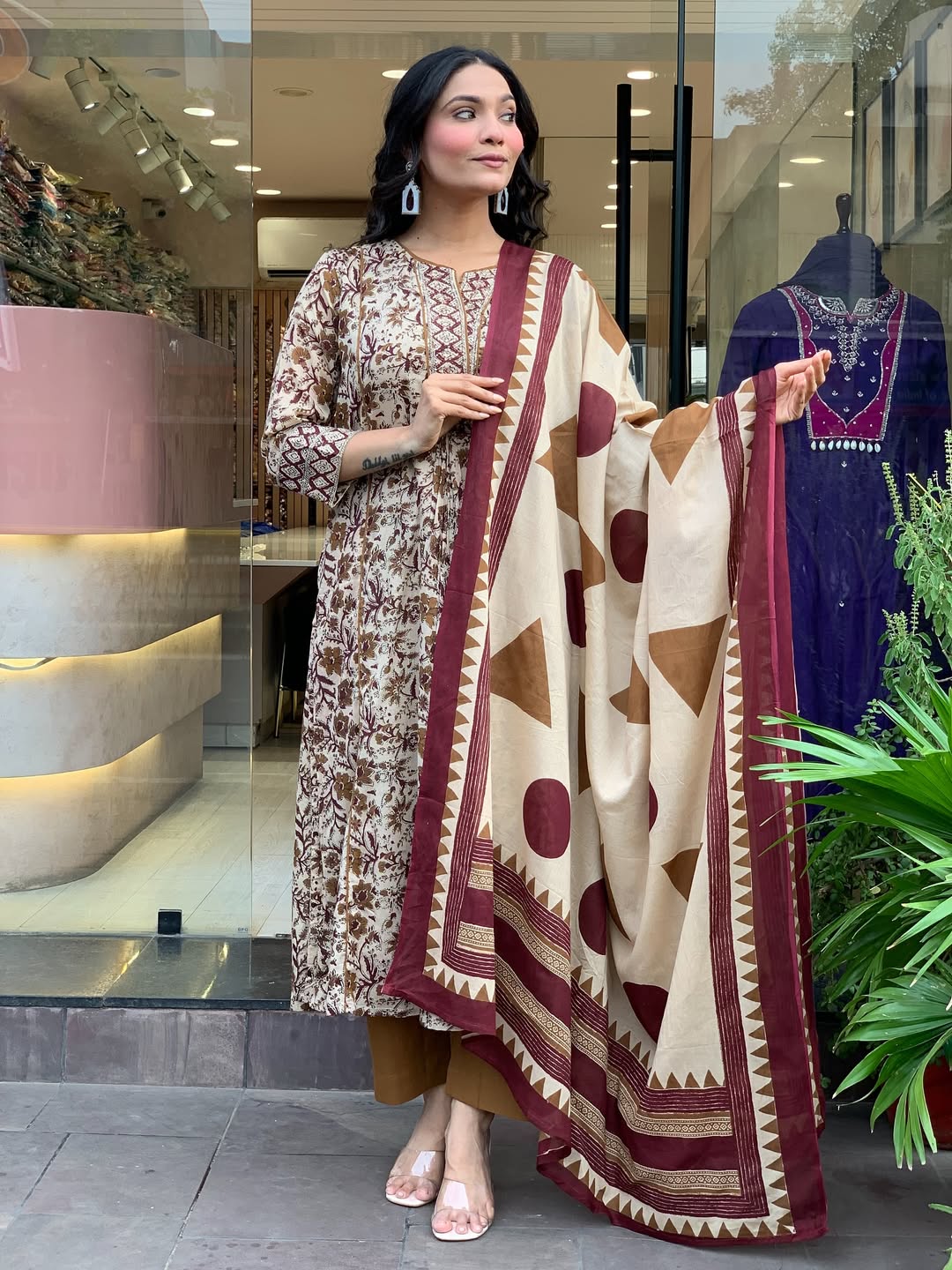 Cream Printed Magic Cotton Flared Kurta Set
