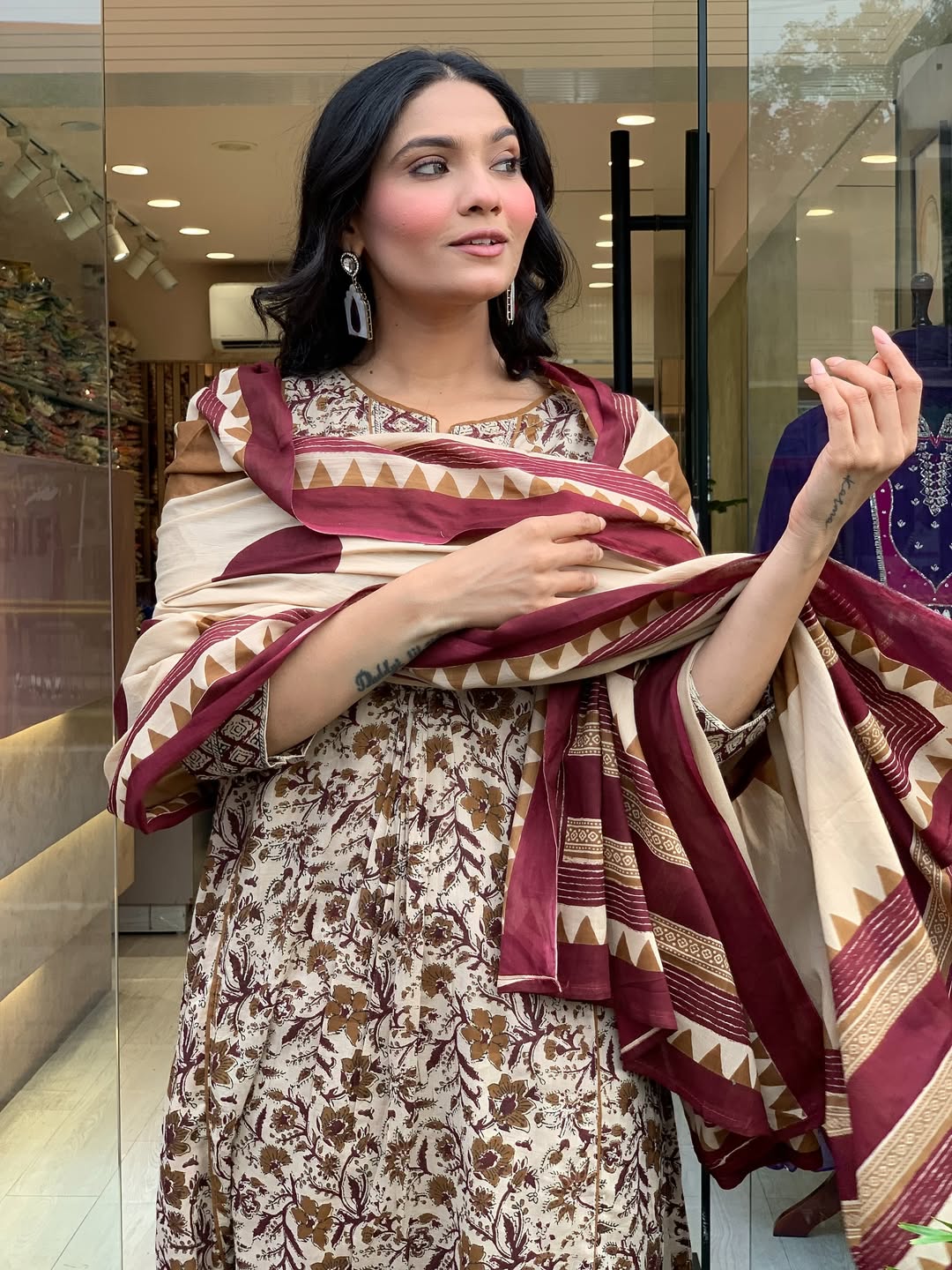 Cream Printed Magic Cotton Flared Kurta Set
