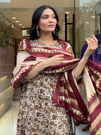 Cream Printed Magic Cotton Flared Kurta Set