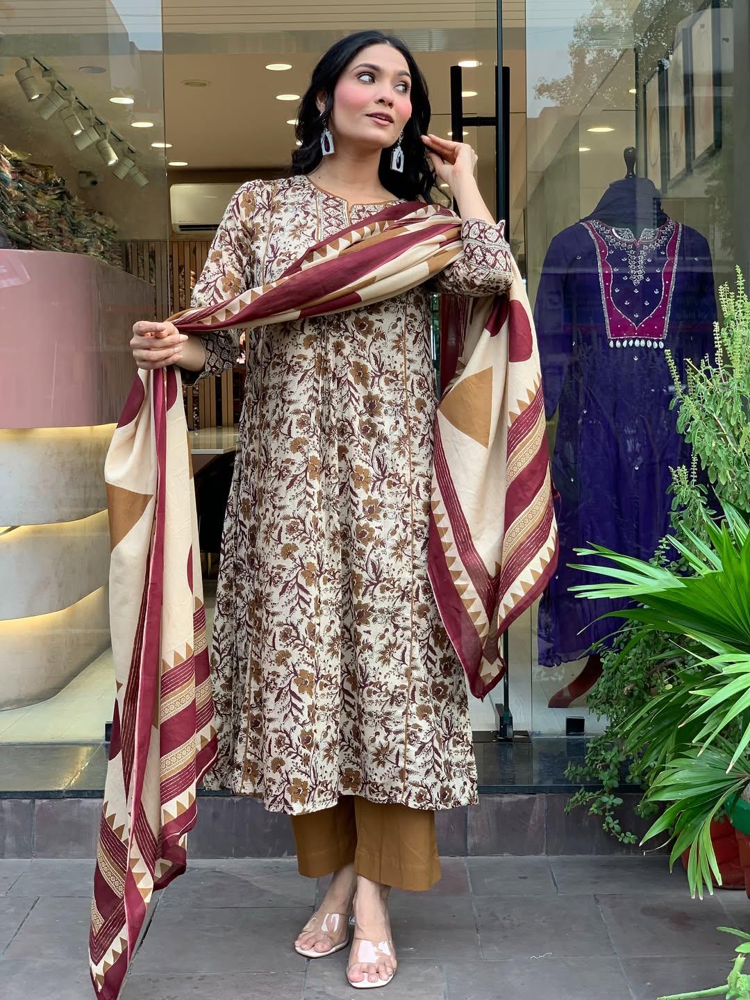 Cream Printed Magic Cotton Flared Kurta Set