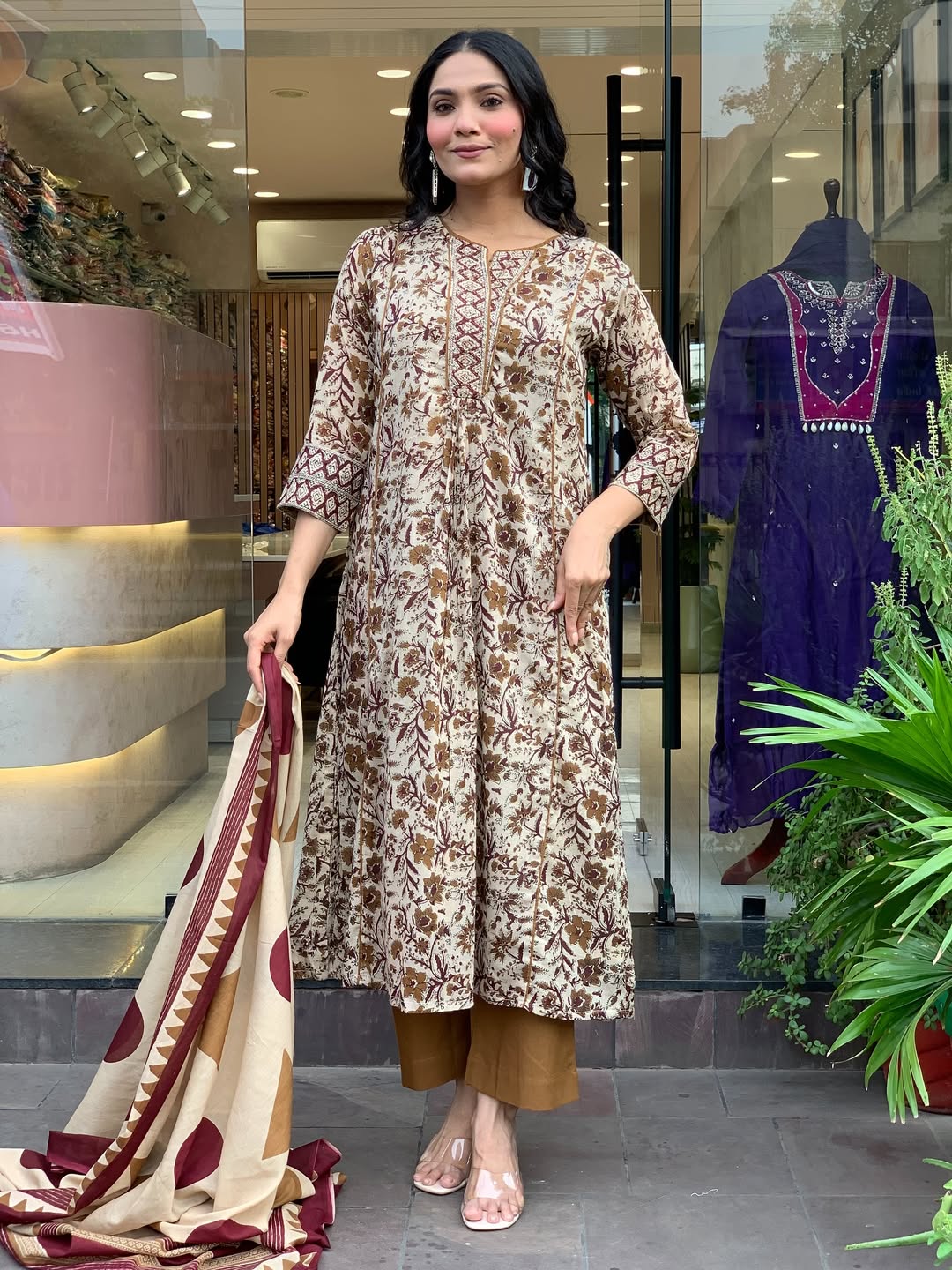 Cream Printed Magic Cotton Flared Kurta Set