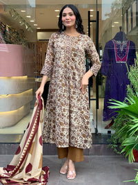 Cream Printed Magic Cotton Flared Kurta Set