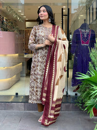 Cream Printed Magic Cotton Flared Kurta Set