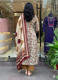 Cream Printed Magic Cotton Flared Kurta Set
