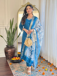 Teal Blue Embroidered Chanderi Kurta Pant Set