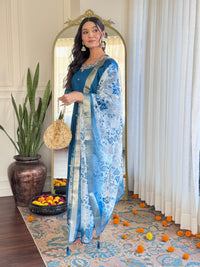 Teal Blue Embroidered Chanderi Kurta Pant Set