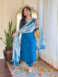 Teal Blue Embroidered Chanderi Kurta Pant Set