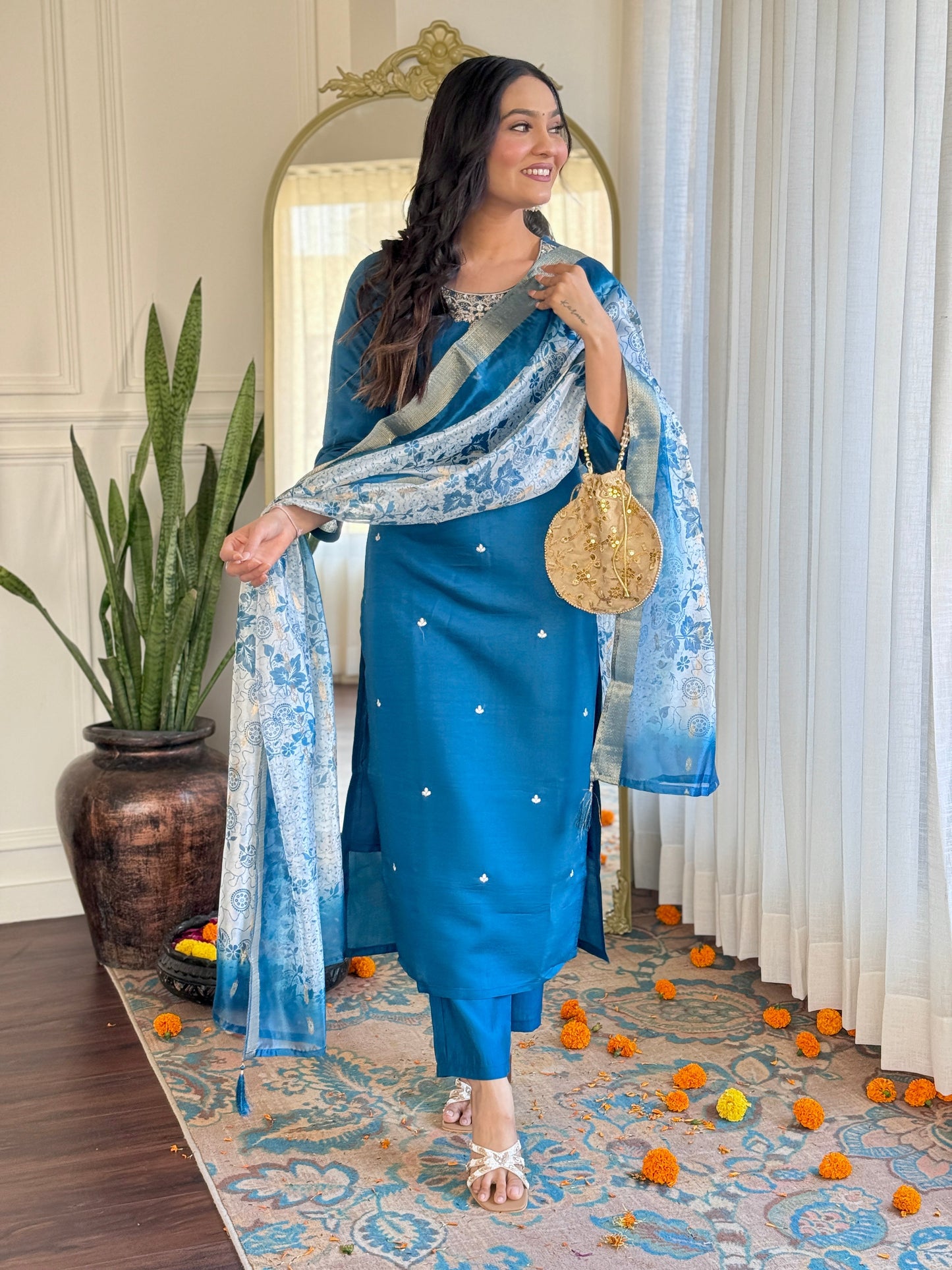 Teal Blue Embroidered Chanderi Kurta Pant Set