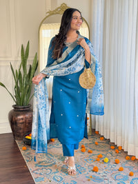 Teal Blue Embroidered Chanderi Kurta Pant Set
