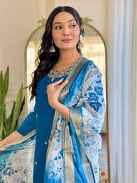 Teal Blue Embroidered Chanderi Kurta Pant Set