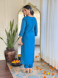 Teal Blue Embroidered Chanderi Kurta Pant Set