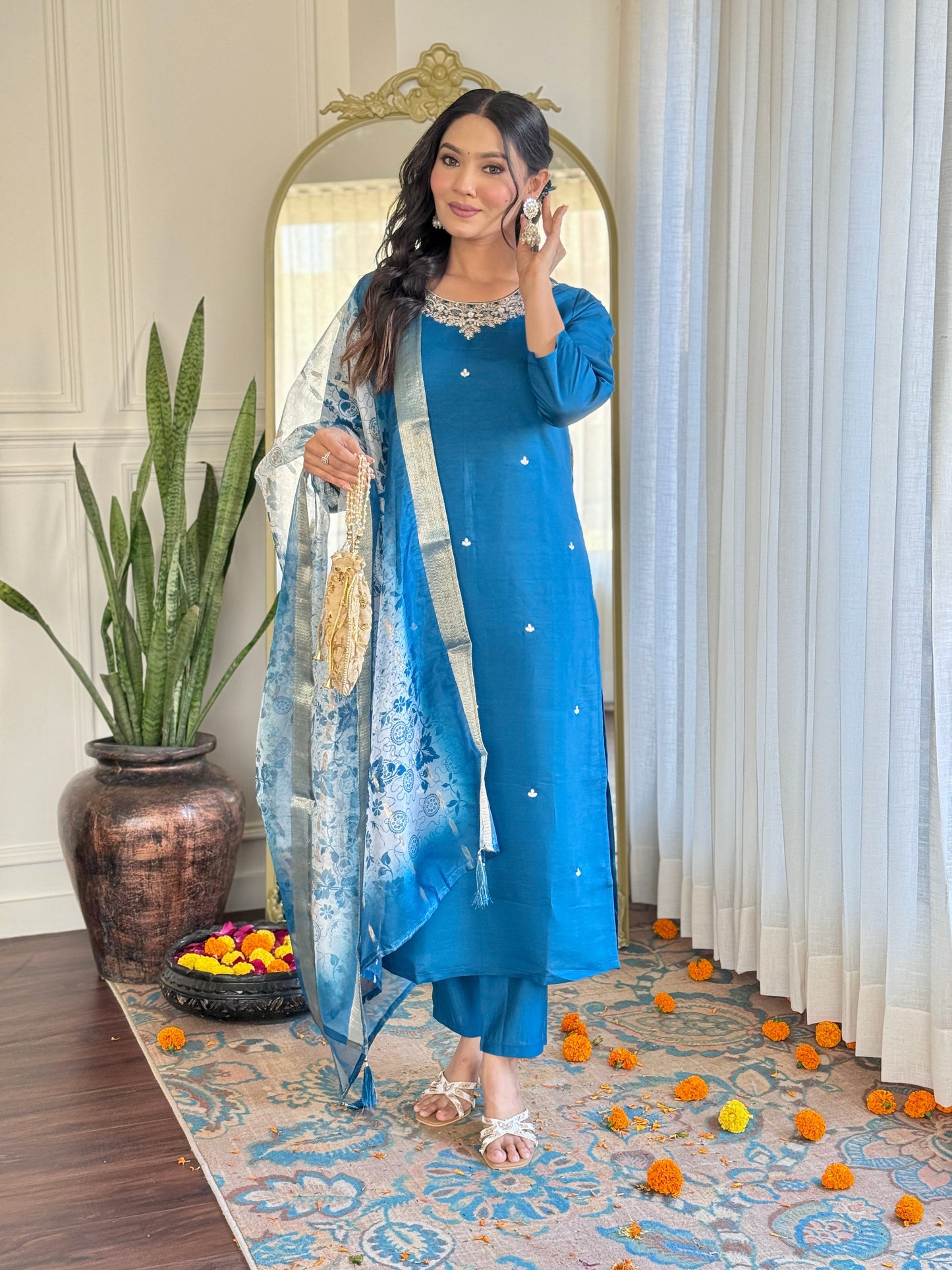 Teal Blue Embroidered Chanderi Kurta Pant Set