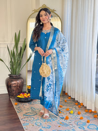 Teal Blue Embroidered Chanderi Kurta Pant Set