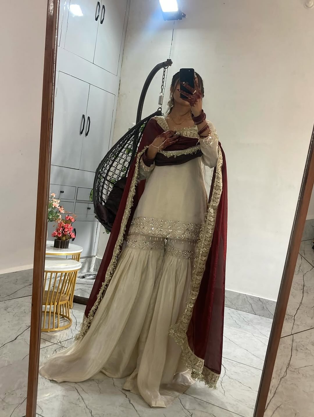 Cream Chinnon Silk Embroidered Sharara Set