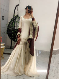 Cream Chinnon Silk Embroidered Sharara Set
