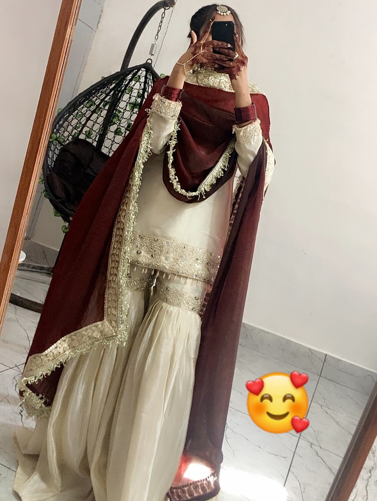 Cream Chinnon Silk Embroidered Sharara Set