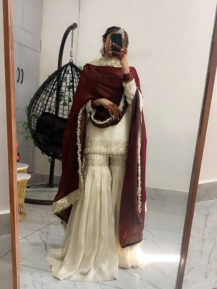 Cream Chinnon Silk Embroidered Sharara Set