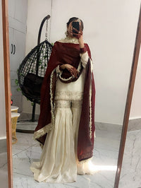Cream Chinnon Silk Embroidered Sharara Set