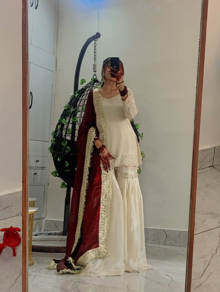 Cream Chinnon Silk Embroidered Sharara Set