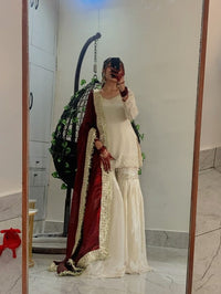 Cream Chinnon Silk Embroidered Sharara Set