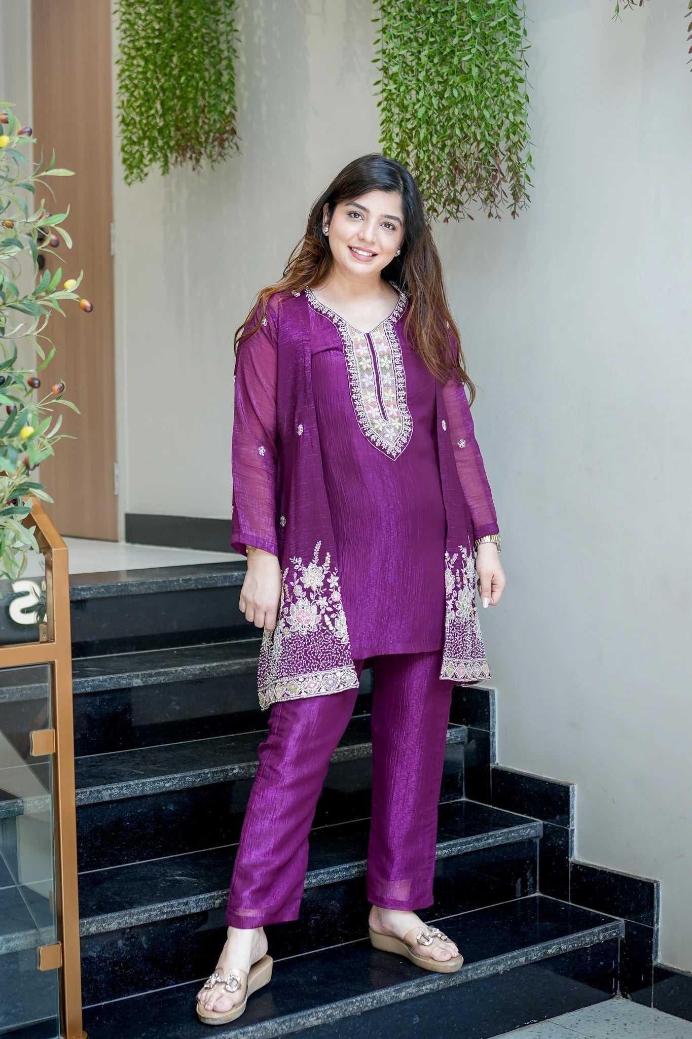 Purple Beads Work Chinnon Silk Palazzo Set