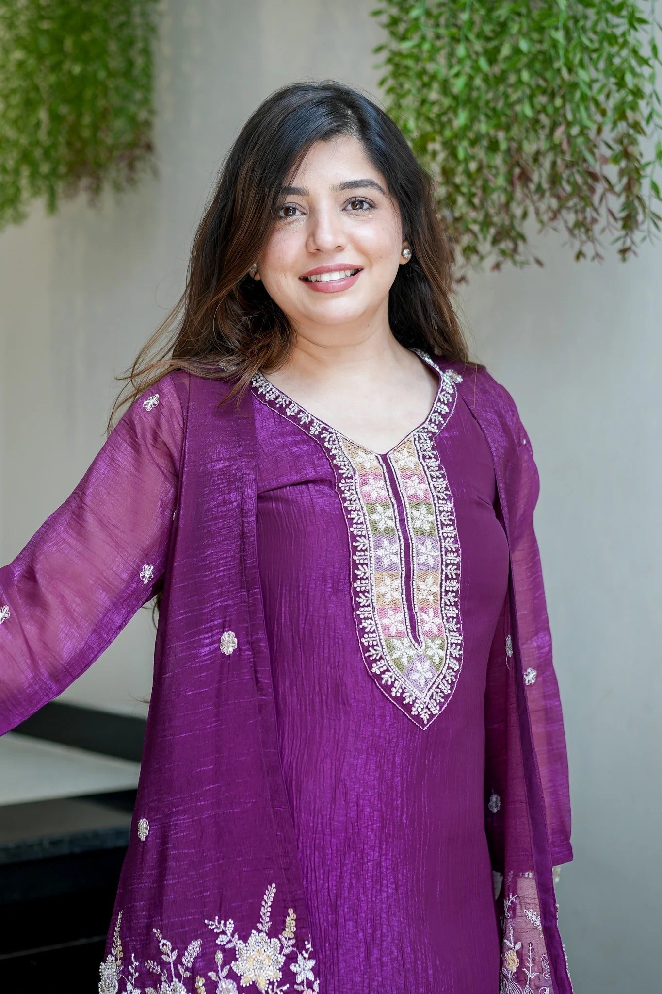Purple Beads Work Chinnon Silk Palazzo Set