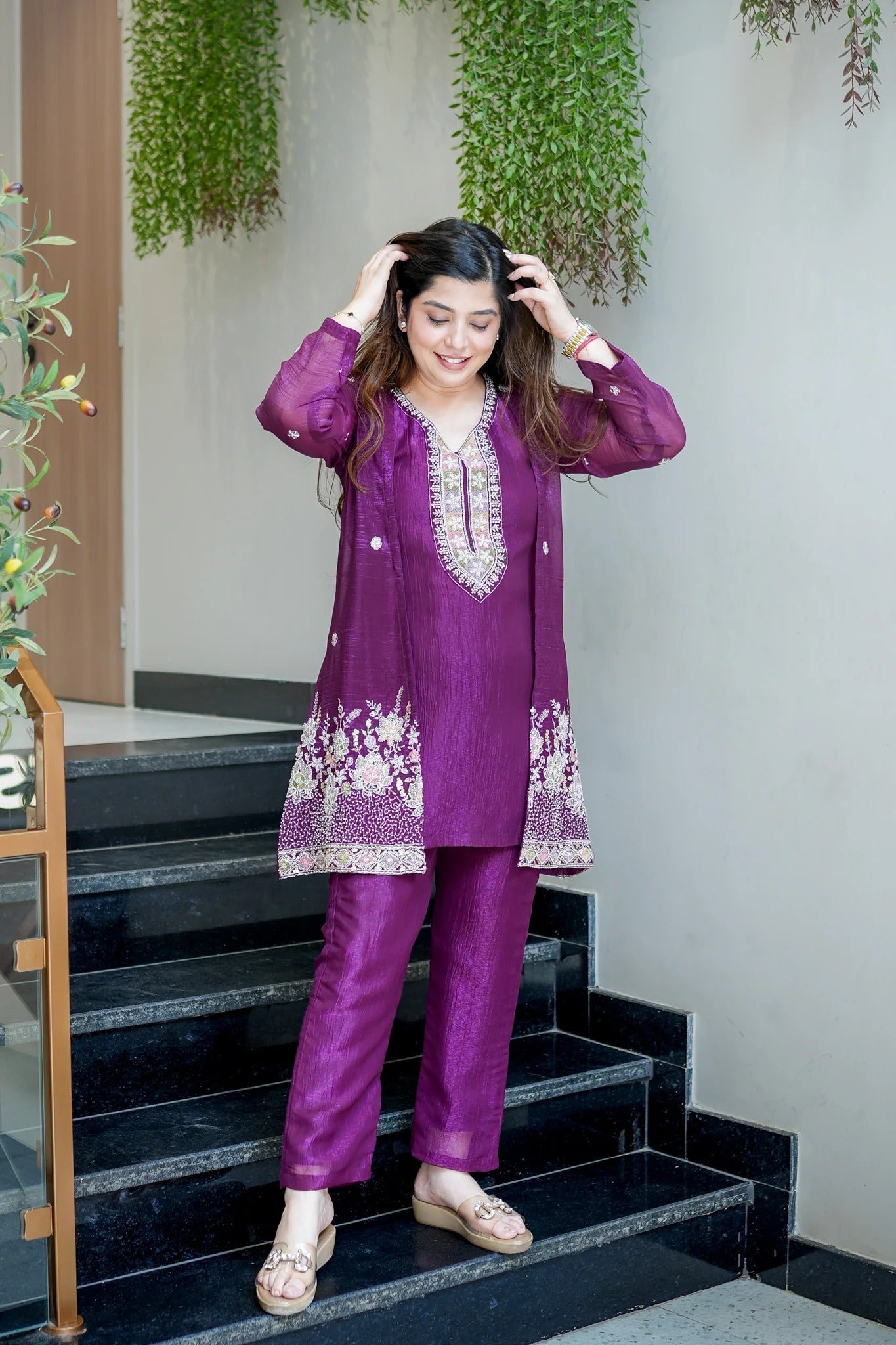 Purple Beads Work Chinnon Silk Palazzo Set