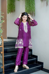 Purple Beads Work Chinnon Silk Palazzo Set