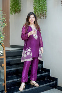 Purple Beads Work Chinnon Silk Palazzo Set