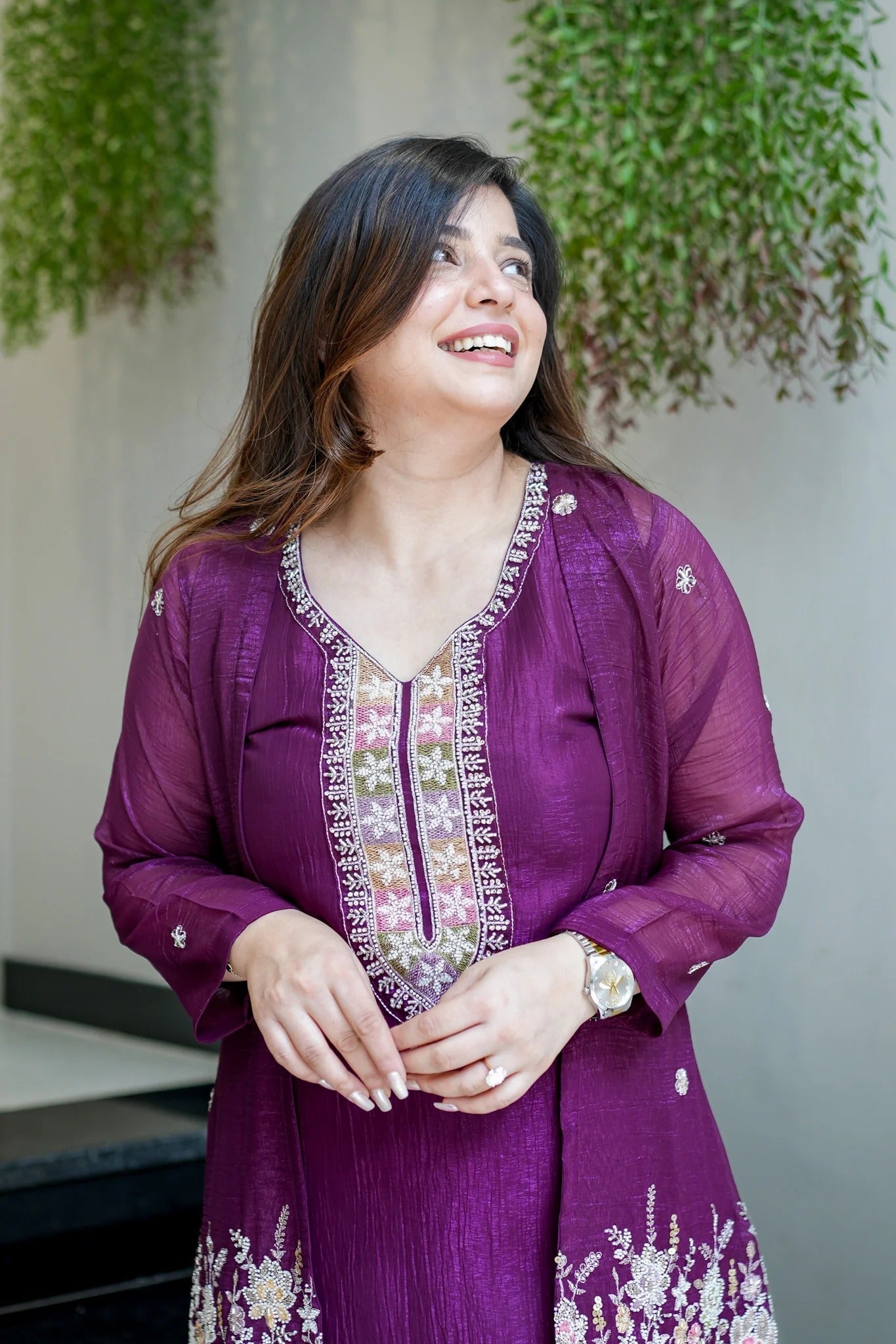 Purple Beads Work Chinnon Silk Palazzo Set