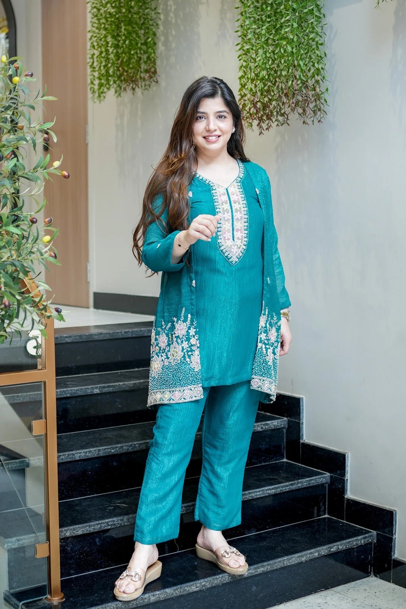 Rama Beads Work Chinnon Silk Palazzo Set
