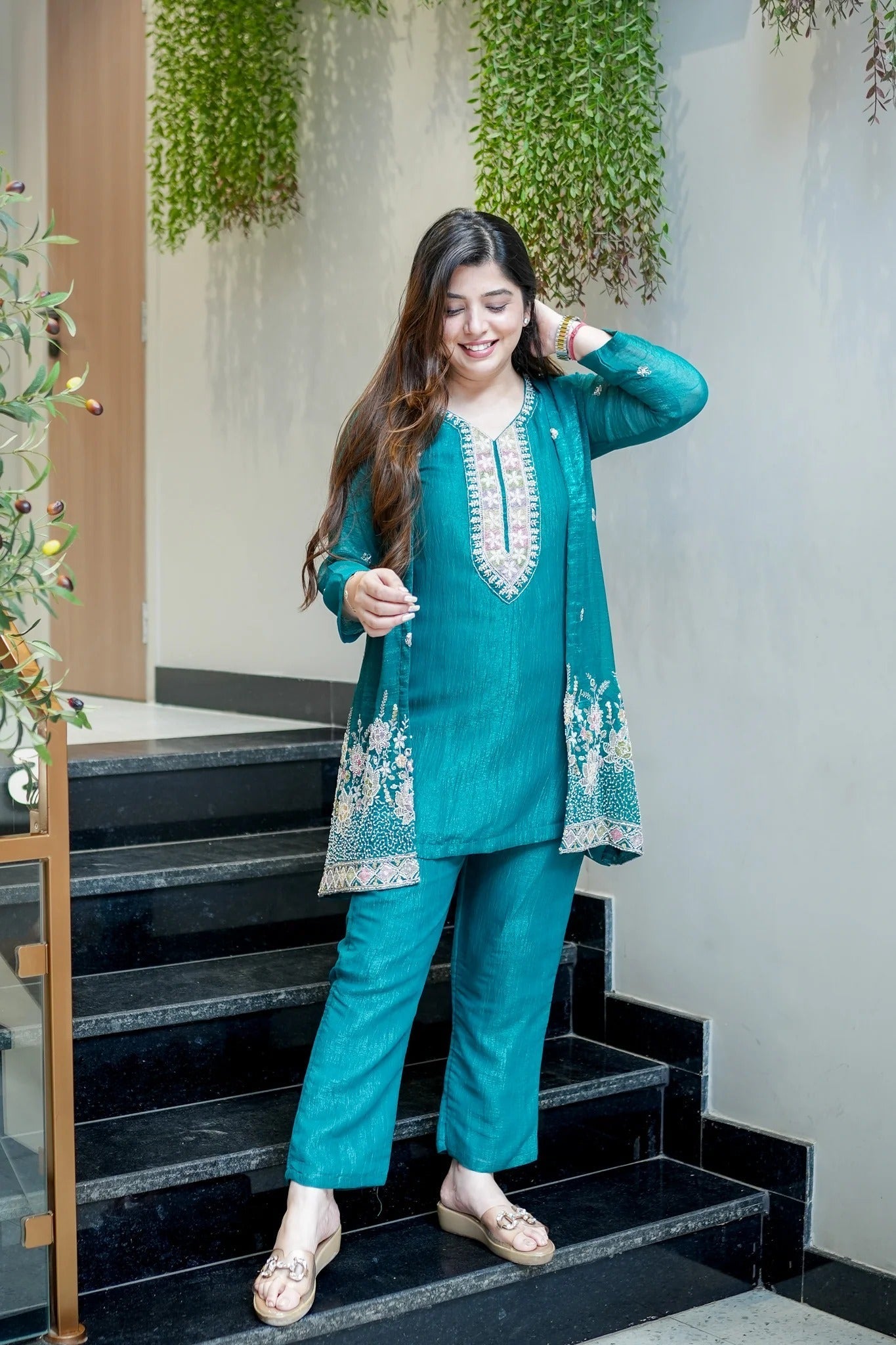 Rama Beads Work Chinnon Silk Palazzo Set