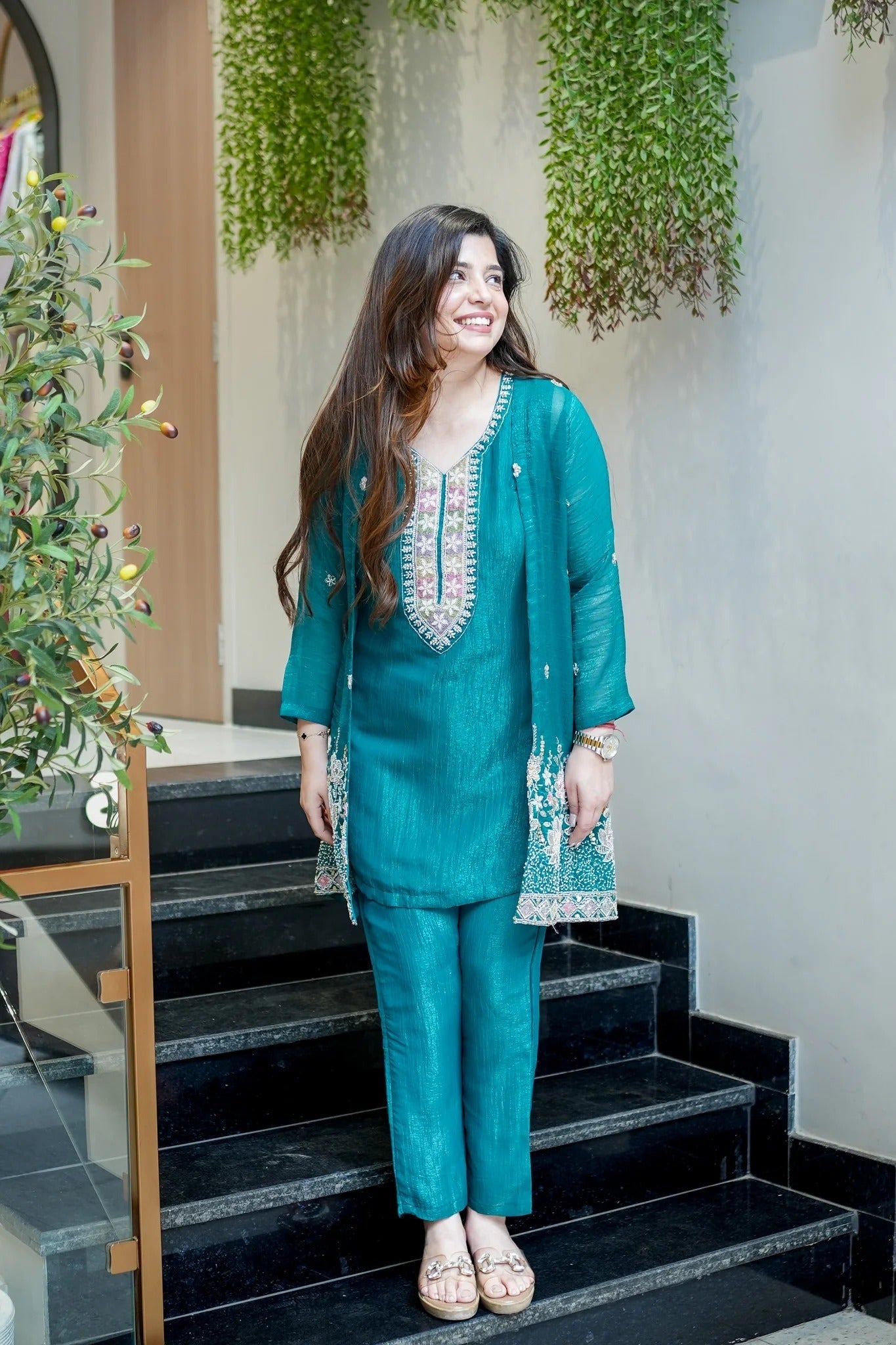 Rama Beads Work Chinnon Silk Palazzo Set
