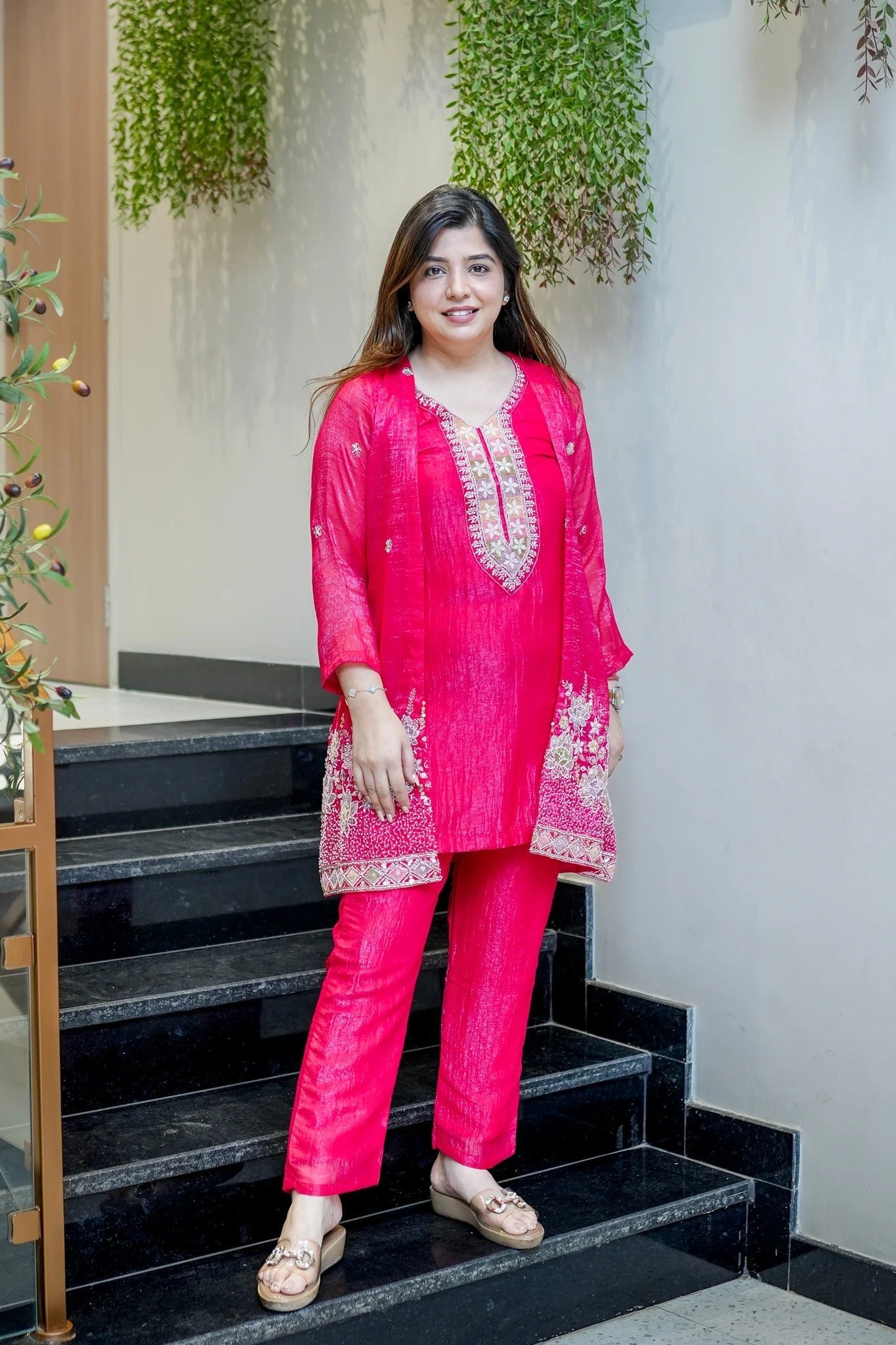 Pink Beads Work Chinnon Silk Palazzo Set