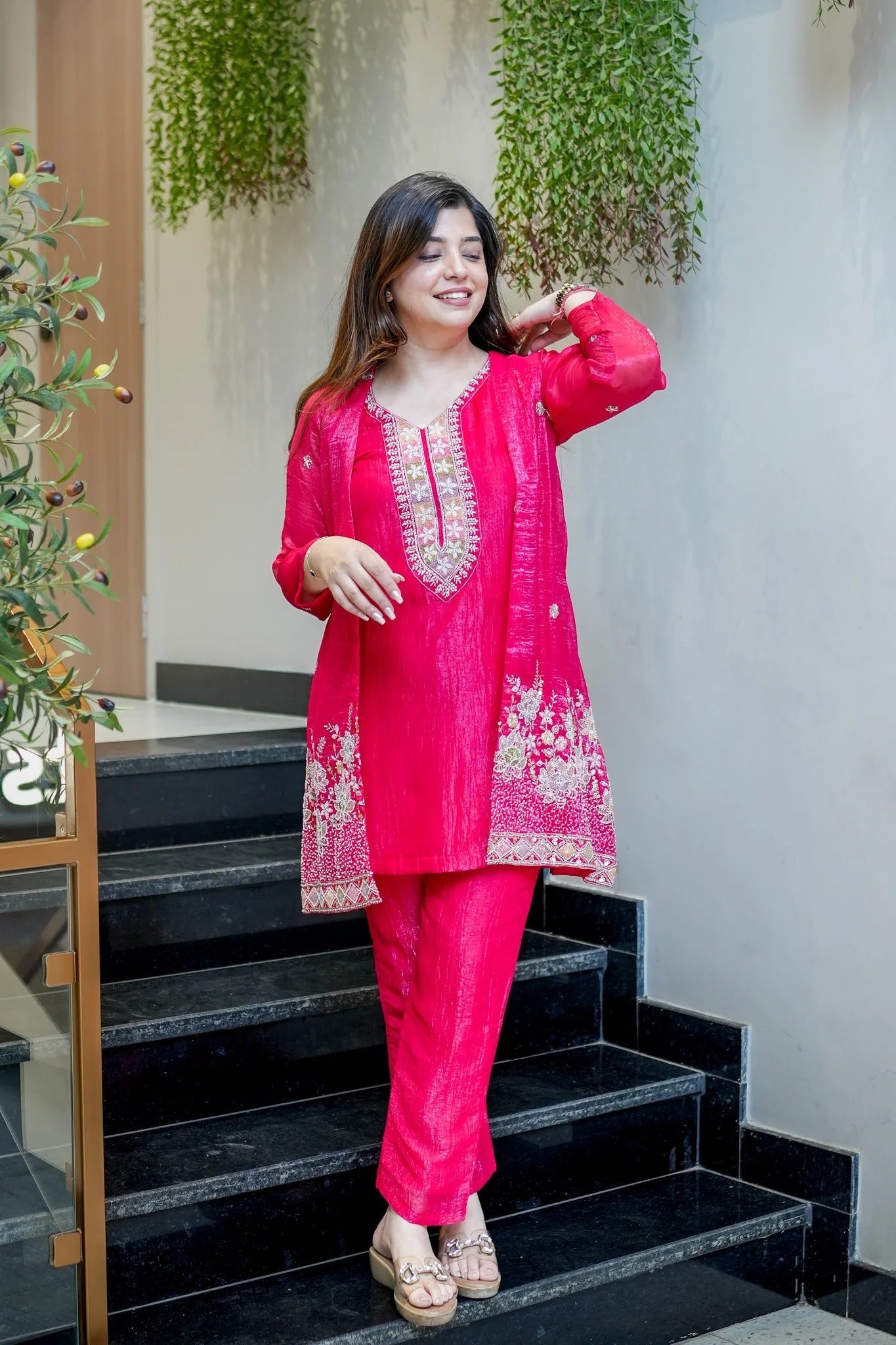 Pink Beads Work Chinnon Silk Palazzo Set