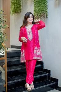 Pink Beads Work Chinnon Silk Palazzo Set