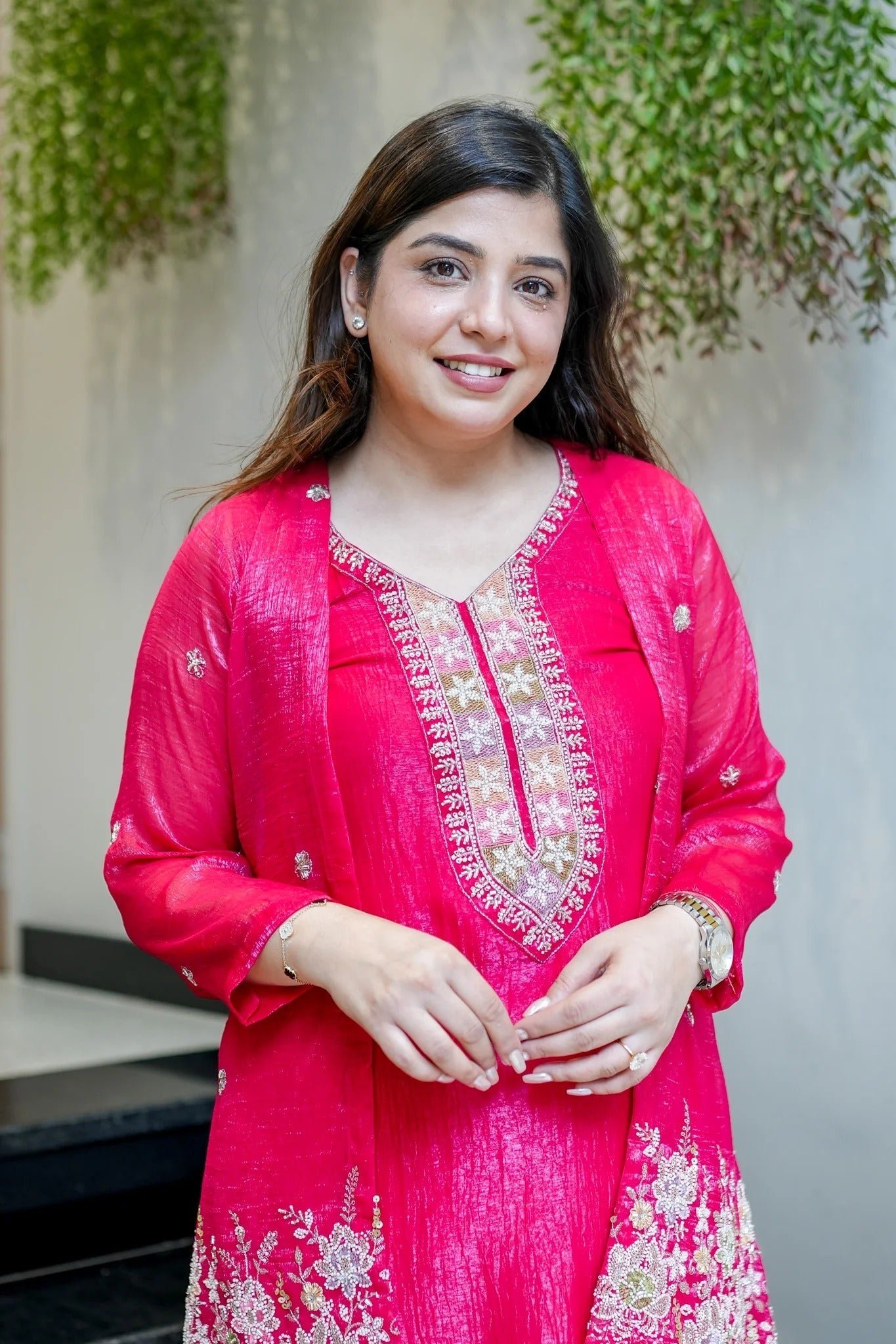 Pink Beads Work Chinnon Silk Palazzo Set