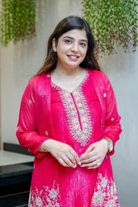 Pink Beads Work Chinnon Silk Palazzo Set