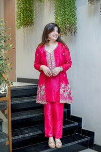 Pink Beads Work Chinnon Silk Palazzo Set