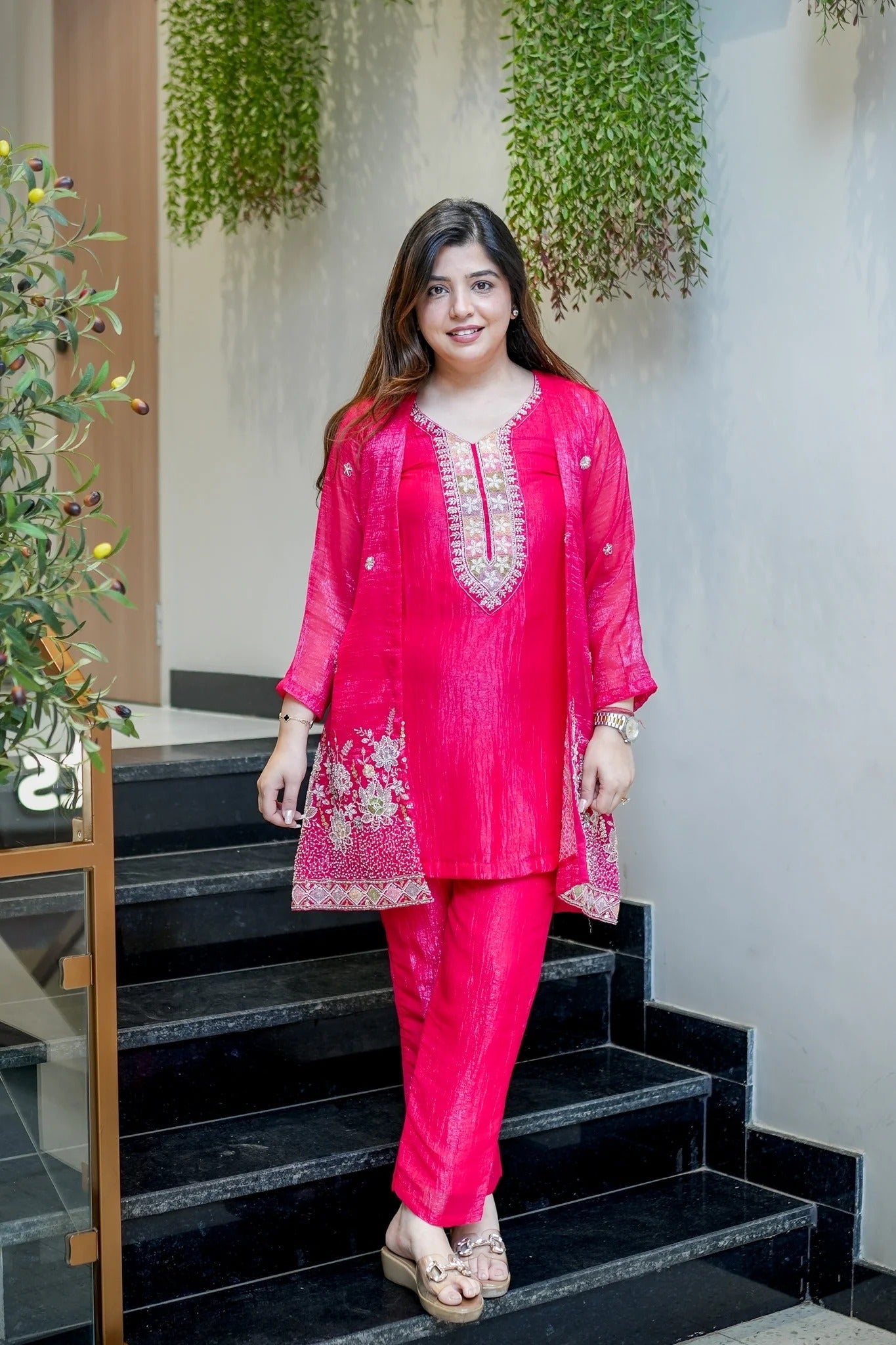 Pink Beads Work Chinnon Silk Palazzo Set
