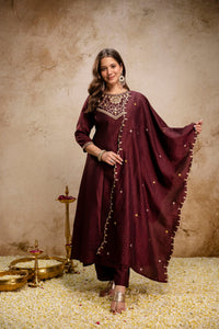 Coffee Embroidered Vichitra Silk Anarkali Kurta Set