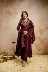 Coffee Embroidered Vichitra Silk Anarkali Kurta Set