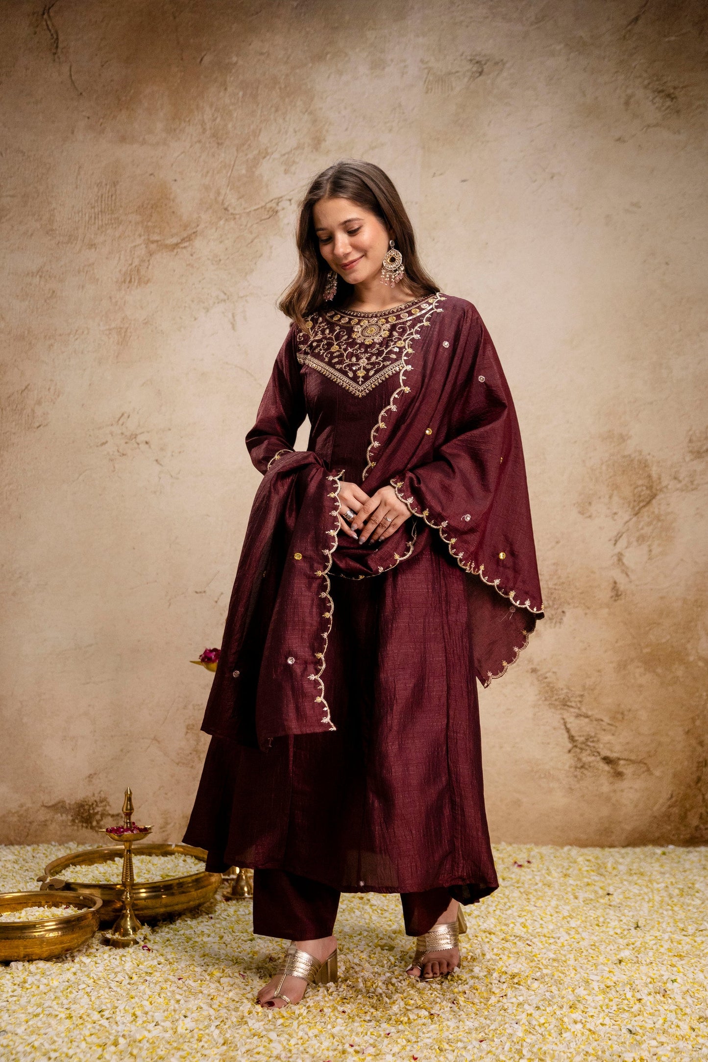 Coffee Embroidered Vichitra Silk Anarkali Kurta Set