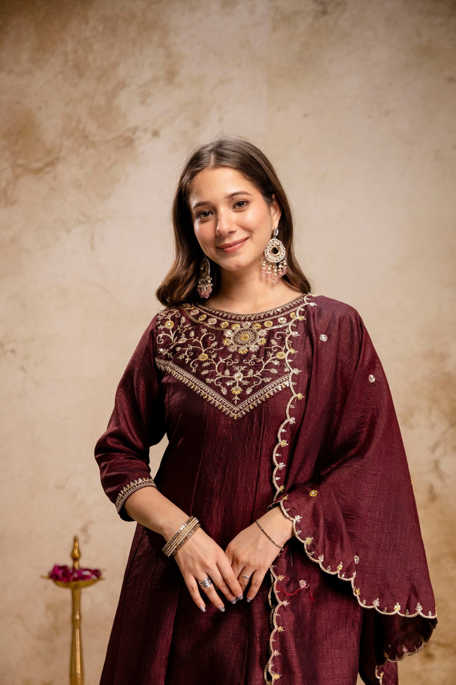 Coffee Embroidered Vichitra Silk Anarkali Kurta Set